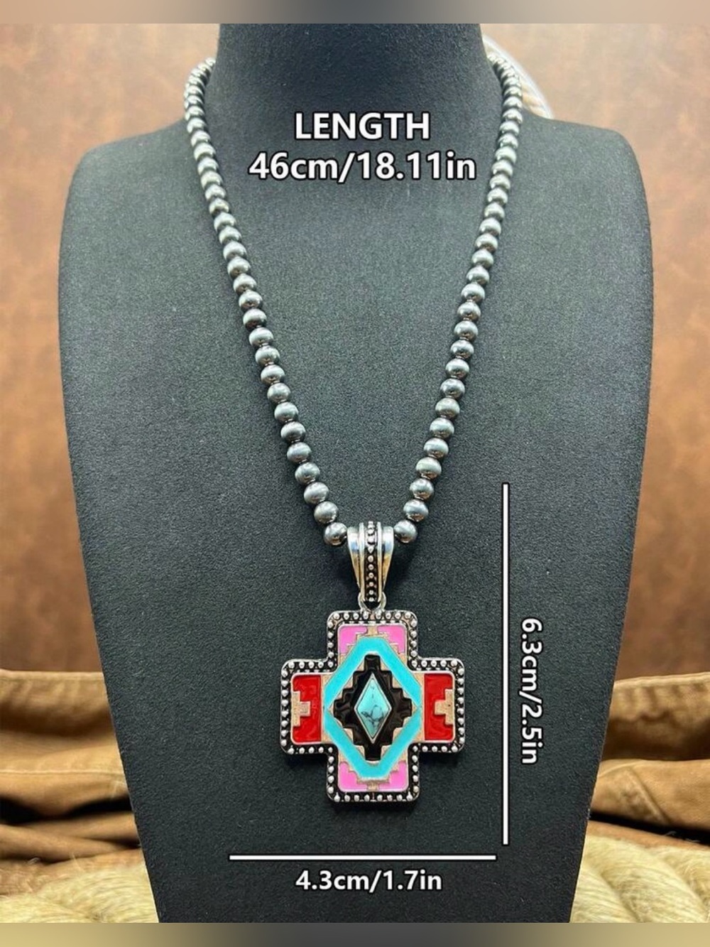 Turquoise & Red Southwestern Cross Pendant Necklace Western Necklace - Picture 5 of 5